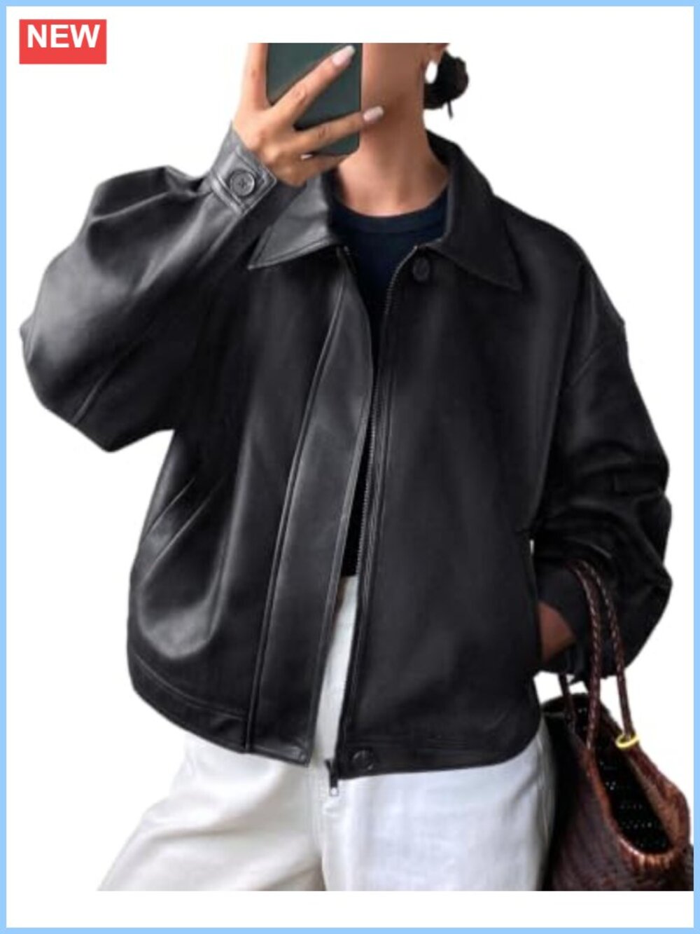 Faux Leather Oversized Motorcycle Jacket Women Zip Up Moto Coat